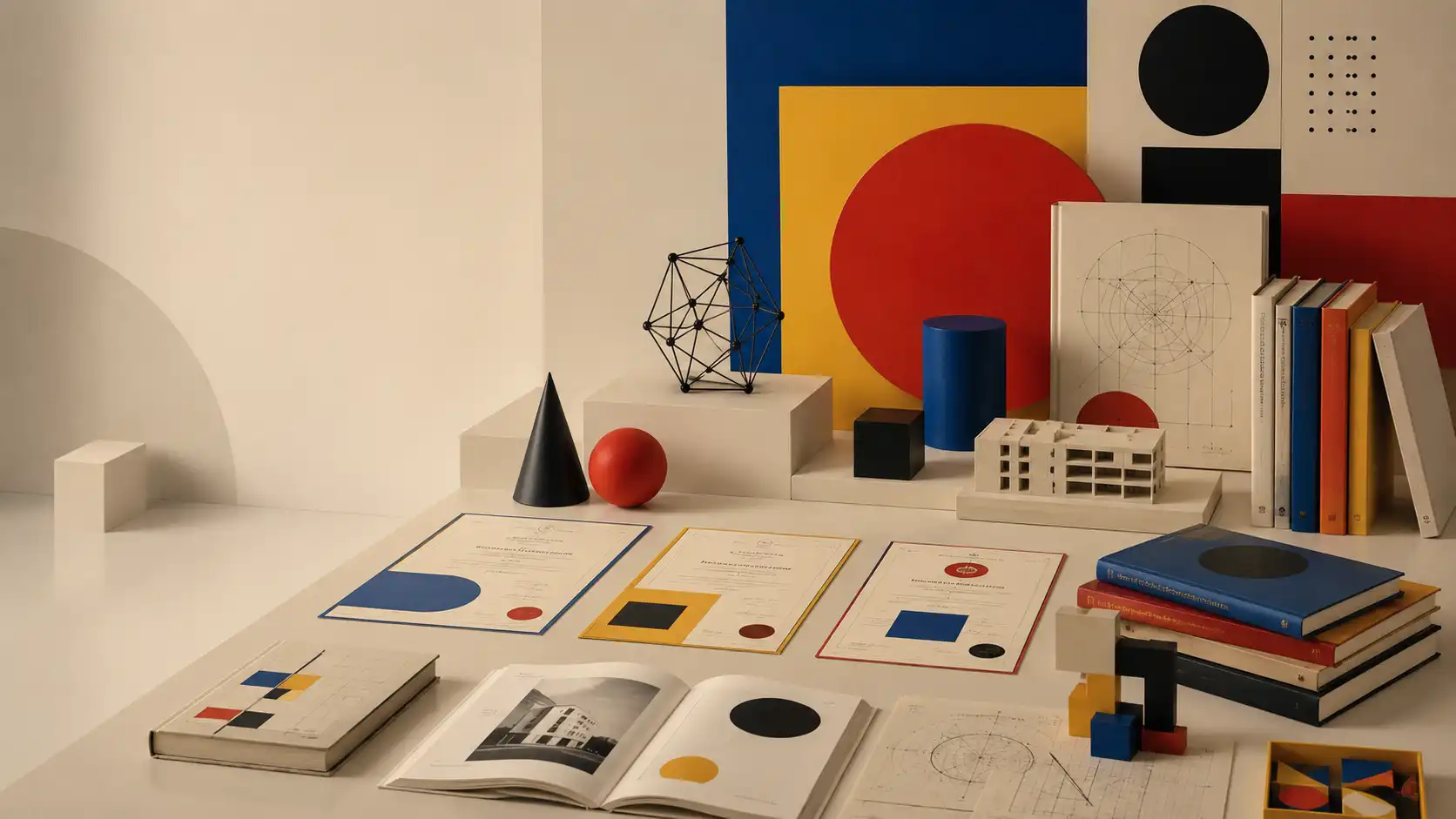 Modernist educational poster style using simple geometric forms, circles, rectangles and bold colour blocks inspired by Bauhaus and mid-century design.